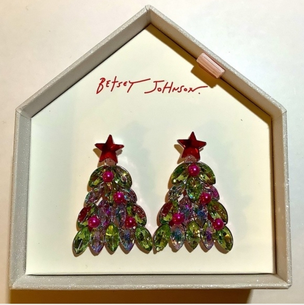 Betsey Johnson Holiday Tree Earrings / Beautiful Colorful Stones/ Star🎄✨️